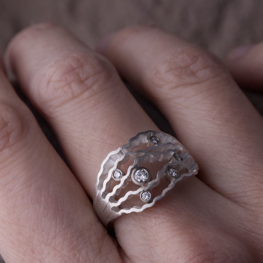 Statement Strata Ring Silver and Diamonds CLARA BREEN